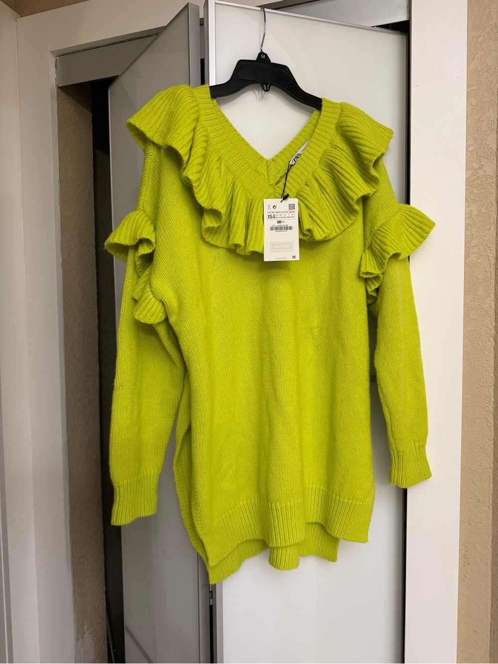 Zara Lime Green Ruffled V-Neck Sweater